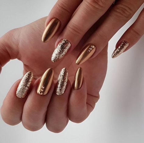 30 Stunning Gold Nails To Make You A Beauty Queen - 228 Copper Nails Designs, Golden Nail Art, Bronze Nails, Copper Nails, Unghie Nail Art, Golden Nails, Gel Nails At Home, Her Nails, Luxury Nails