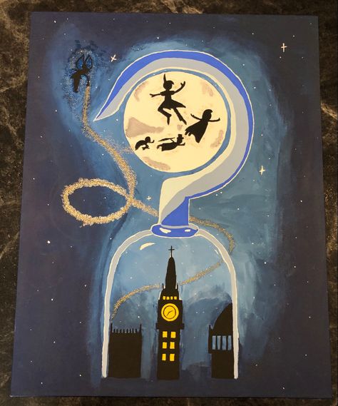 Peter Pan Painting Ideas, Peter Pan Canvas Painting, Peter Pan Artwork, Disney Art Painting Easy, Disney Art Ideas, Disney Paintings Easy, Disney Painting Ideas, Peter Pan Crafts, Peter Pan Painting