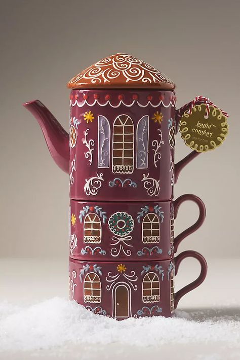 Seasonal & Festive Gifts | Anthropologie Christmas Ceramic Gifts, Gingerbread House Tablescape, Minecraft Teapot, Cute Small Christmas Gifts, Christmas Ceramics Pottery, Boba Things, Winter Ceramics, Ceramic Trinkets, Christmas Tea Pot