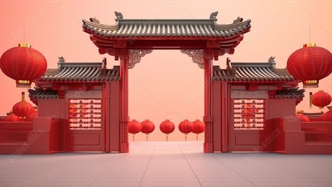 3d rendered happy chinese new year festival backdrop featuring an open gate entrance and traditional red lanterns in chinese style Festival Backdrop, Chinese Gate, Chinese New Year Festival, Aesthetic Bg, China Temple, Open Gate, Gate Entrance, Chinese Ornament, Red Lanterns