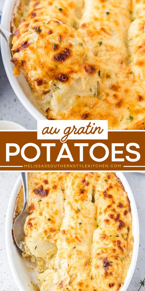 These decadent Au Gratin Potatoes are the ultimate 4th of July food! This side dish recipe starts with thinly sliced potatoes smothered with a rich homemade cream sauce and Gruyere cheese. Add this to your easy summer BBQ side dishes! Homemade Au Gratin Potatoes, Au Gratin Potatoes Easy, Recipe For A Crowd, Au Gratin Potatoes, Au Gratin Potato Recipes, Gratin Potatoes, Au Gratin Recipes, Potatoes Au Gratin, Classic Recipes