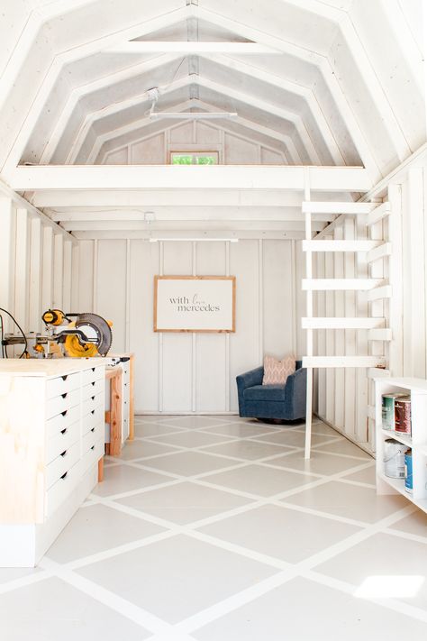 Inside Sheds Interiors, She Shed With Bathroom Plans, Turning A Shed Into A Playhouse, Loft Shed Ideas, Tuff Shed Conversion, Writers Shed Interior, Turn Shed Into Playhouse, Shed Turned Into Salon, Shed To Room Conversion