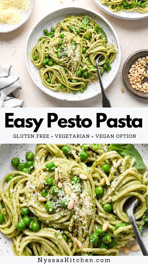 Easy pesto pasta is the perfect weeknight recipe! It's ready in less than 30 minutes and full of bold flavors. Option to make it dairy free / vegan, and customize it with whatever protein or veggies you like! Gluten free, vegetarian, vegan option. Healthy Noodle Recipes, Pasta Gluten Free, Easy Pesto Pasta, Vegan Pesto Pasta, Gluten Free Pesto, 30 Minute Meals Healthy, Dairy Free Pesto, Gluten Free Meatballs, Healthy Gluten Free Breakfast