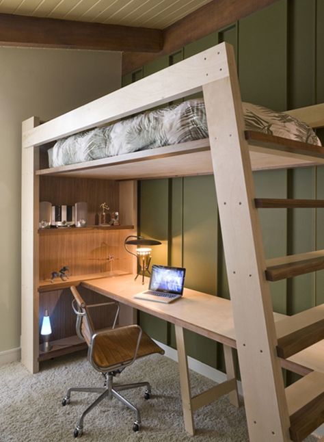 Bed With Desk Underneath, Cool Loft Beds, Loft Beds For Small Rooms, Apartemen Studio, Bunk Bed Plans, Beds For Small Rooms, Loft Bed Plans, Diy Loft Bed, Modern Bunk Beds