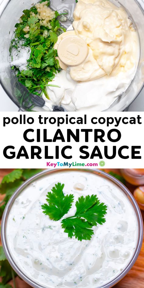 You need to try this 6-ingredient and 5-minute Pollo Tropical copycat cilantro lime sauce! It’s creamy, packed with flavor, so delicious, and is so incredibly easy to make. #Sauce #PolloTropical #Cilantro #Garlic #Copycat #CopycatRecipes KeyToMyLime.com Pollo Tropical, Cilantro Garlic Sauce, Keto Vegan, Pioneer School, Marinade Sauce, Parmesan Sauce, Gravy Sauce, International Food, Homemade Sauce