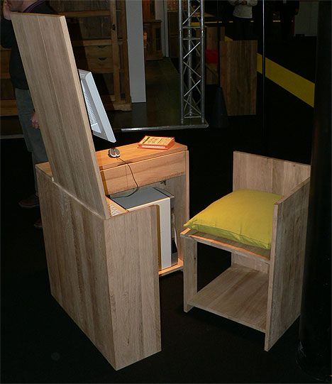 Fold out Wooden Desk & Chair Set would be perfect for a kids room and a great space saver!! Hidden Chair, Hidden Computer, Desk Cabinets, Hidden Desk, Wooden Desk Chairs, Small Computer Desk, Messy Desk, Transforming Furniture, Interior Design Plan