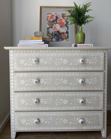 All Things Upcycled | Our first piece of 2021! ✨ SOLD ✨ A faux Floral Bone Inlay inspired chest of drawers/bedside chest! Refurbished in Jolie Paints 'Swedish… | Instagram Painted Dresser Design, Drawer Painting Ideas Aesthetic, Painted Chest Of Drawers Ideas, Drawer Ideas, Painted Chest Of Drawers, French Provincial Furniture, Charm It, Dresser Design, Bone Inlay Furniture