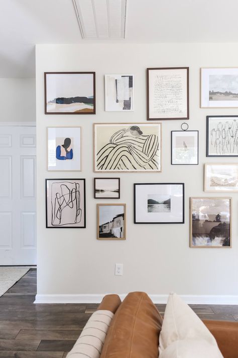 How To Create A Large Vintage Modern Gallery Wall Big Gallery Wall Layout, Art Wall Hallway, Midcentury Modern Gallery Wall Ideas, Vintage Modern Gallery Wall, Gallery Wall How To, Gallery Wall Large Frames, Family Gallery Wall Ideas, Large Wall Collage, Modern Gallery Wall Ideas