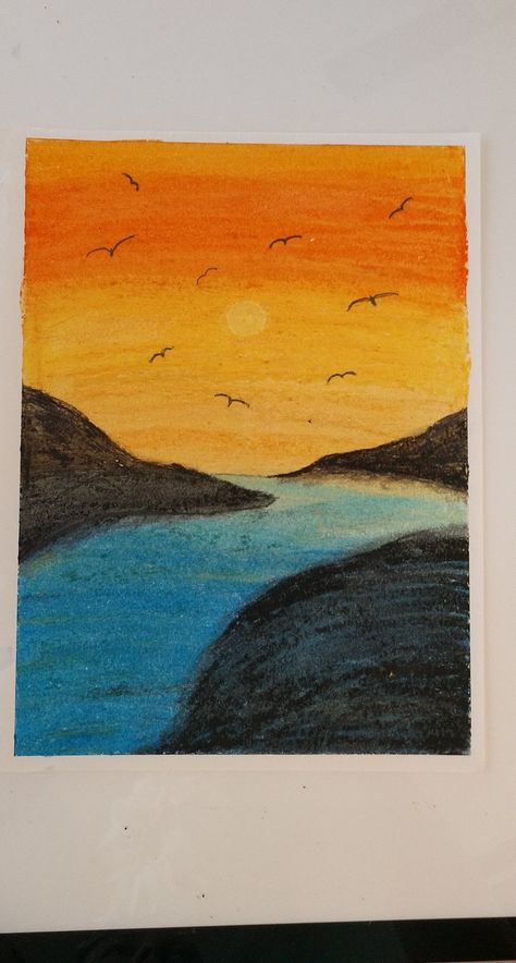 Easy Drawings With Pastels, Oil Pastel Painting Step By Step, Drawing Ideas With Soft Pastels, Sunset With Pastels, Arts Using Oil Pastel, Oil Paster Easy Art, Oil Pastel Canvas Art Easy, Pastels Artwork Easy, Landscape Ideas Drawing Coloring