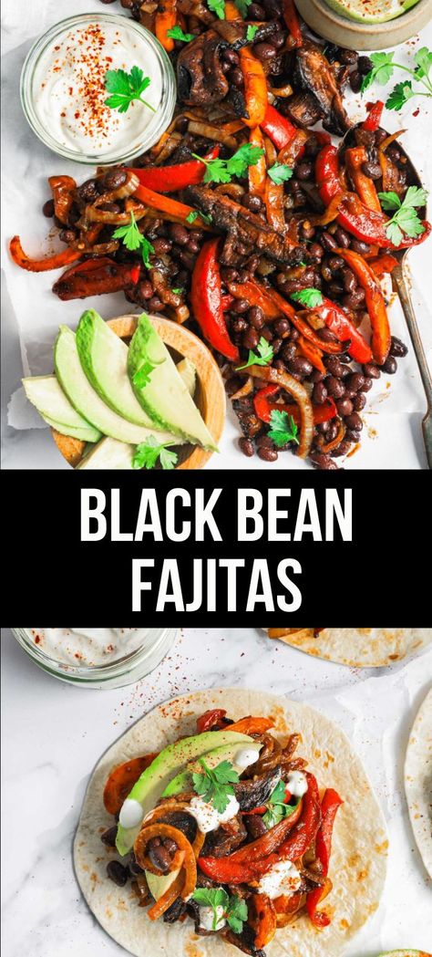 These vegan sheet pan / traybake fajitas are filling and incredibly tasty with roasted vegetables and black beans in a sticky sweet chili fajita sauce! Easy to make and a winning, crowd pleasing fusion dinner. Vegetable Fajitas Recipe, Black Bean Fajita Skillet, Vegetarian Fajitas Recipe, Vegan Fajitas Recipe, Fajita Recipe Vegetarian, Veg Fajitas, Fajitas Vegetarian, Black Bean Fajitas, Vegan Sheet Pan Dinners