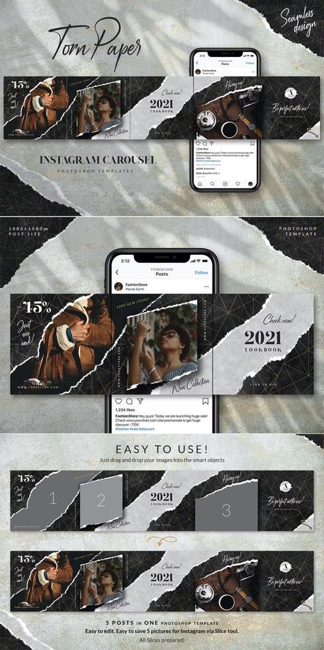 Torn Paper Instagram Carousel Template PSD Insta Post Design Template, Ig Carousel Post Ideas, Instagram Banner Templates, Insta Graphic Design, Graphic Design Carousel, Instagram Banner Ideas, Carousel Reference, Instagram Carousel Collage, Insta Carousel Design