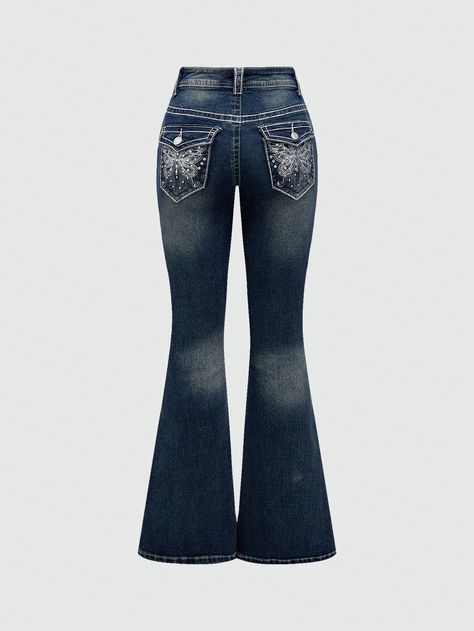 Y2K Low Waist Vintage Rhinestone Butterfly Embroidered Denim Jeans, School Grey Casual   Denim Butterfly,All Over Print Flare Leg High Stretch  Women Clothing, size features are:Bust: ,Length: ,Sleeve Length: Rhinestone Flair Jeans, Shein Flare Jeans, Flared Jeans Outfit Y2k, Mexican Jeans, Bsf Outfits, Elephant Jeans, Trashy 2000s, Denim Butterfly, Jeans With Rhinestones