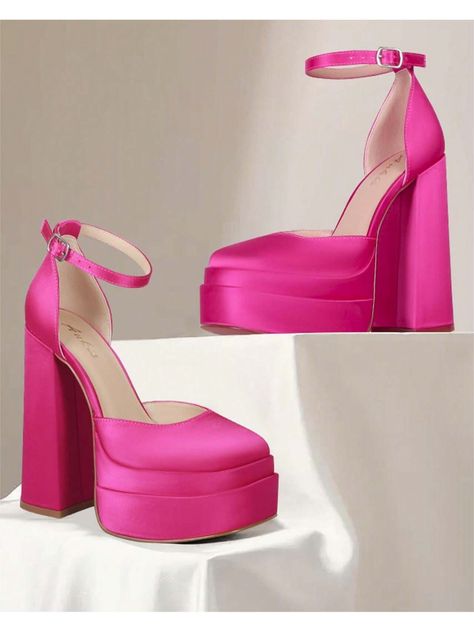 Hot Pink Chunky Heels, Modern Heels, Pink Chunky Heels, Heels Closed Toe, 25th Bday, Chunky Platform Heels, Prom Pumps, Pink Platform Heels, Shoes For Wedding