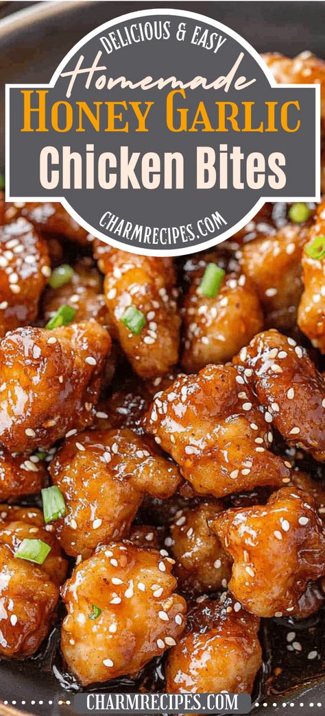 Honey Garlic Chicken Bites Crunchy Honey Chicken, Simple Delicious Chicken Recipes, Honey Chicken Bites Recipes, Grilled Honey Chicken Recipes, Honey Garlic Chicken And Shrimp, Baked Chicken Appetizers, Honey Garlic Asian Chicken, Chinese Honey Chicken Sauce, Popcorn Chicken Meals Ideas