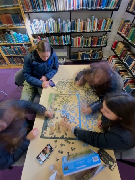 Puzzle Solving Aesthetic, Solving Puzzles Aesthetic, Library Friends Aesthetic, Puzzle Aesthetic, 2024 Creative, Puzzle Making, With Friends Aesthetic, Aesthetic Friends, Friends Aesthetic