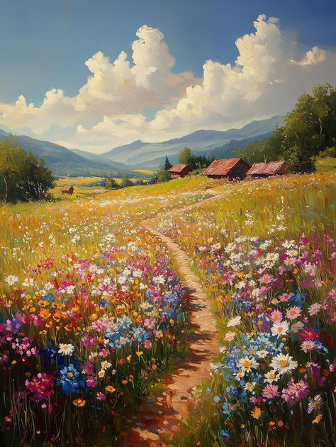 Immerse yourself in the beauty of nature with our enchanting floral landscape artwork, inspired by the Impressionist era. This custom canvas print captures a breathtaking scene where lush wildflowers bloom vibrantly in a golden meadow, leading you on a tranquil path through a picturesque countryside. Painted with a palette of bright blues, soft pinks, and radiant yellows, the artwork evokes the serene feel of a sunny afternoon, inviting warmth and joy into your home. The piece not only showcases the artistry reminiscent of renowned Impressionist painters but also adds a touch of elegance and tranquility to any space. The meticulously crafted textures and vibrant colors are designed to capture attention and draw admiration, making it an ideal focal point for your living room, bedroom, or ev Artwork For Bedroom Paintings, Nature Art Landscape, Landscape Art Abstract, Beautiful Countryside, Painting Countryside, Summer Landscape Painting, Floral Landscape, Landscape Inspiration, Impressionism Art Landscape