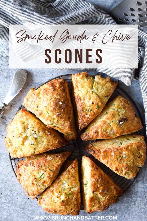 Have you ever tried savory scones? Well, these Flaky Smoked Gouda and Chive Scones are loaded with smoky flavor from the cheese and a hint of mild onion from the chives. It's the perfect cheesy combo! Spread them with butter or dunk them in your favorite soup. They make a great side dish to meats, bbq, and of course brunch! Fall Scones Savory, Savory Scone Recipes, Scones Recipe Savory, Savory Sourdough Scones, Savoury Scones, Cheese Scones Recipe, Scone Recipes, Cheesy Scones, Savory Scones Recipe