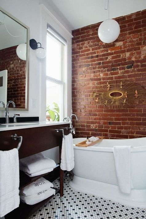 Exposed Brick Bathroom, Bricks Design, Brick Bathroom, Brick Wall Decor, Modern Bathroom Interior, Loft Bathroom, Bathroom Gallery, Bathroom Organization Diy, Exposed Brick Walls