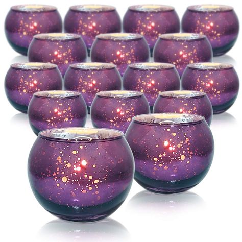 PRICES MAY VARY. 1️⃣ Versatile Decoration：Includes 16 exquisitely designed glass votive candle holders for creating a charming and romantic atmosphere. 2️⃣ Perfect Fit: Each candle holder measures 2.6"（diameter）*2.2"（height）and the top opening diameter is 2, making it an ideal size for standard tea lights or votive candles. The round shape and transparent glass allow the candlelight to shine through beautifully. 3️⃣ Premium Quality Material: Made of high-quality glass, ensuring long-lasting dura Silver Votive Candles, Purple Wedding Centerpieces, Valentines Dinner, Purple Centerpieces, Led Tea Light Candles, Mercury Glass Candle Holders, Purple And Gold Wedding, Mercury Glass Candles, Mercury Glass Votives