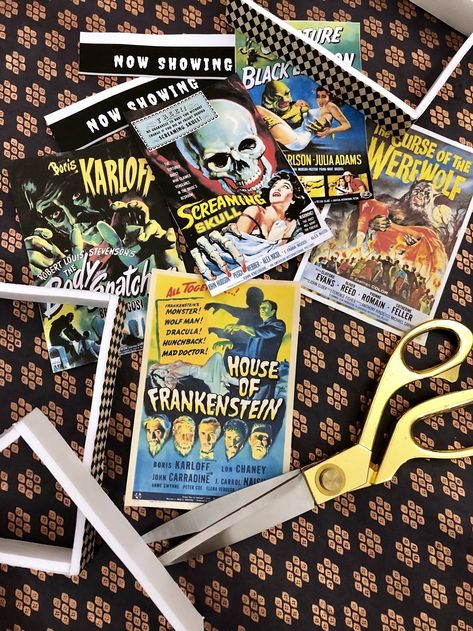 Horror Movie Diy, Halloween Movie Night Party, Halloween Diy Crafts Decoration, Horror Movie Decor, Classic Horror Movies Posters, Horror Crafts, Movie Crafts, Halloween Science, Movie Decor