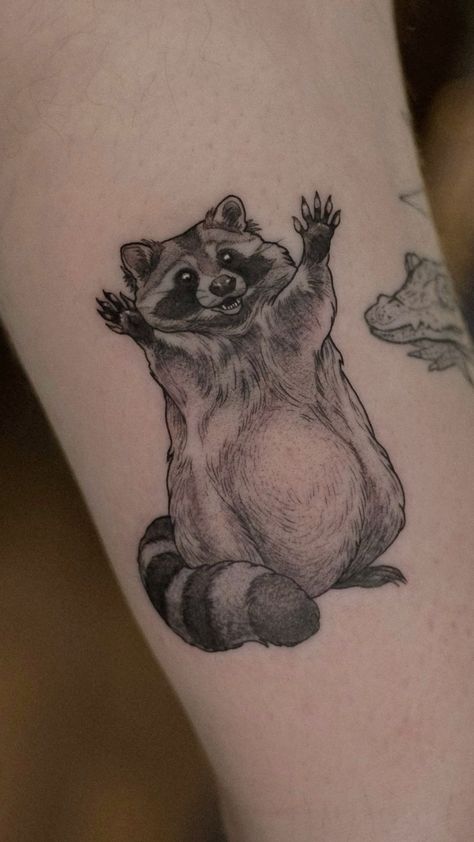 Tattoos Arms Men, Funny Raccoon Tattoo, American Traditional Raccoon Tattoo, Animal Tattoos For Men Sleeve, Animal Tattoo Ideas For Men, Animal Tattoos Simple, Racoon Tattoo Simple, Matching Raccoon Tattoo, Animal Tattoos For Men Forearm