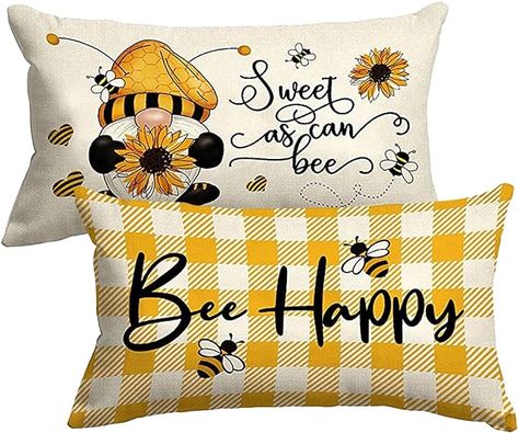 This lumbar pillow cover made of durable cotton linen material, Skin-friendly to you and your family. The pattern is only on the front and no printing on the back. The pattern does not fade. Outdoor Garden Bed, Farmhouse Decorations, Lumbar Pillow Covers, Farmhouse Throw Pillow, Spring Pillows, Yellow Bee, Bee Honey, Bee On Flower, Floral Pillow Cover