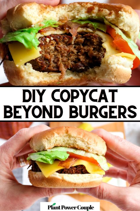 Two hands holding a cheeseburger with a bite taken out of it and text reading: DIY copycat beyond burgers Diy Vegan Meat, Plant Based Burgers Recipes, Vegan Burgers Recipes Plant Based, Meat Replacement Recipes, Vegan Burgers Recipes, Impossible Burger Recipe Ideas, Tvp Recipes Vegan, Meat Burger Recipe, Tvp Burger