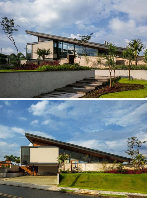 At the front of this modern house, a path leads from the street up to the front door, passing between the plants. #Landscaping #ModernHouse New Modern House, Contemporary Building, Roof Architecture, House Construction, Contemporary Farmhouse, Construction Projects, House Roof, Roof Design, House Architecture Design