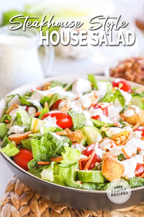 A versatile house salad that tastes just like the steakhouse. This house salad is made with crisp romaine lettuce, juicy tomatoes, crunchy cucumbers, and flavorful croutons. It's tossed in a creamy homemade buttermilk dressing that's sure to please. This salad is the perfect way to start any meal, or to enjoy as a light lunch or dinner. It is the perfect easy salad recipe to make at home. Ina Garten, Steakhouse Salad Recipes, Mario Garden, Steak House Salad Recipe, Steakhouse Salad, Chinese Chicken Salad Recipe, Steakhouse Recipes, Cooking Projects, Buttermilk Dressing