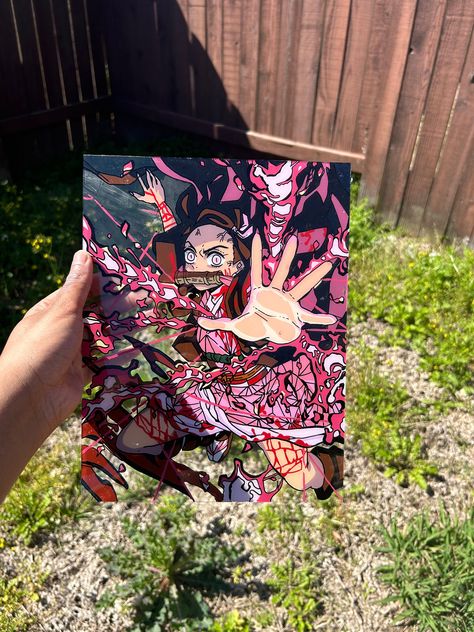 Anime characters painted on glass or on acrylic sheets. Glass Painting Acrylic Paint, Acrylic Sheet Art Ideas, Nezuko Glass Painting, Character Paintings On Canvas, Anime Painting Ideas, Anime Painting Acrylic, Anime Glass Painting, Teenager Room, Damon Slayer