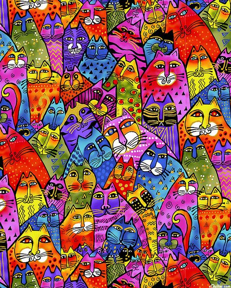 A herd of sassy cats packed together for a crowd shot. Cats are decorated with geometric and paisley patterns that resemble enamel cloisonne. Larger cats are about 3-1/4", with gold metallic, from the 'Feline Frolic' collection by Laurel Burch for Clothworks.  Quilt Fabrics from www.eQuilter.com Sassy Cats, Laurel Birch, Multicolor Cat Print Bags For Everyday Use, Quilts With Cats On Them, Laurel Burch Fabric, Trippy Cat, Laurel Burch Art, Rectangular Multicolor Bags With Cat Print, Cat Fabric Print