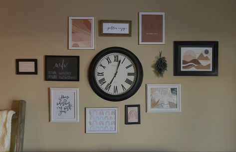 Clock With Pictures Around It Wall Ideas, Gallery Wall With Clock Layout, Clock And Picture Wall Layout, Clock Above Tv, Wall Clock And Picture Frames, Gallery Wall With Clock, Large Clock Wall Decor Living Rooms, Clock Wall Decor Layout, Wall Collage With Clock