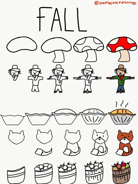 Easy Doodle Art Fall, White Board Drawings Easy Fall, Fall Doodles Autumn Step By Step, Cute Fall Art Drawings, Autumn Doodles Step By Step, Thanksgiving Drawings Easy Step By Step, Fall Stuff To Draw, Fall Theme Drawings, Cute Fall Sketches