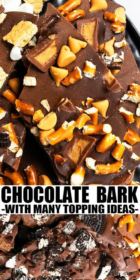 Learn how to make CHOCOLATE BARK RECIPES with 2 simple ingredients. Lots of toppings and variations possible. Great as homemade gift for Christmas holidays. Can use white chocolate, dark chocolate, semisweet chocolate. From CakeWhiz.com #chocolate #dessert #snack #christmas #nobake How To Make Bark Candy, Easy Chocolate Bark, Chocolate Bark Recipes, Homemade Chocolate Bark, Candy Bark Recipes, Snack Christmas, Bark Candy, Christmas Bakes, Bark Recipes