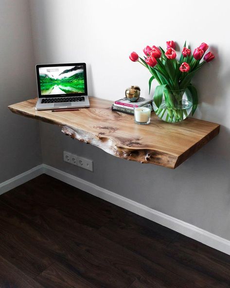 Floating Desk Entryway, Hanging Live Edge Wood Shelves, Live Edge Wall Table, Raw Edge Shelf, Live Edge Floating Nightstand, Floating Live Edge Desk, Live Edge Floating Desk, Herbalist Room, Live Edge Desk Office