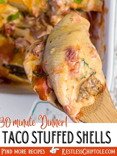 Taco Stuffed Shells... - Old Fashioned Home Cookin' Recipes | Facebook Taco Stuffed Shells Recipe, Pasta Taco, Old Fashioned Home, Homemade Queso, Shell Pasta, Restless Chipotle, Frozen Beef, Shells Recipe, Dairy Free Dinner