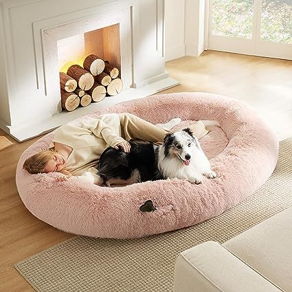 Bedsure Human Dog Bed for People Adults, Calming Human Size Giant Dog Bed Fits Pet Families with Memory Foam Supportive Mat and Storage Pocket, Fluffy Faux Fur Orthopedic Dog BeanBed, Pink Dog Bed For People, Giant Dog Bed, Giant Dog Beds, Human Dog Bed, Human Dog, Dog Gadgets, Dog Bed Furniture, Dog Things, Cat Bed Furniture