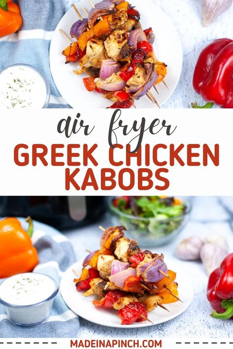 Air Fryer Greek Chicken Kabobs! These easy and flavorful grilled Greek chicken kabobs are made with a special Greek seasoning marinade. Add some onions, mushrooms, and bell peppers and serve these Greek chicken kabobs with Tzatziki and a side. These Greek Chicken Kabobs come out of the air fryer super tender and juicy and tender. Serve them up on a platter any time of the year! Air Fryer Greek Chicken, Family Meals Kid Friendly, Greek Chicken Kabobs, Chicken Kabob Recipes, Healthy Kid Friendly Meals, Roasted Garlic Hummus, Homemade Tzatziki Sauce, Greek Chicken Recipes, Homemade Tzatziki