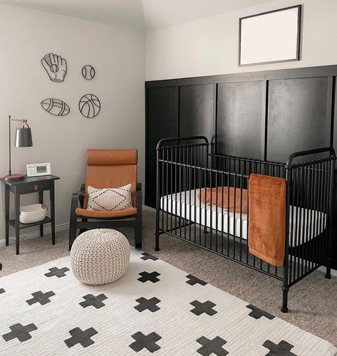 Black Crib Nursery, Black Crib, Brown Nursery, Trendy Nursery, Nursery Accent Wall, Black Nursery, Boy Nursery Themes, Baby Room Organization, Wood Nursery