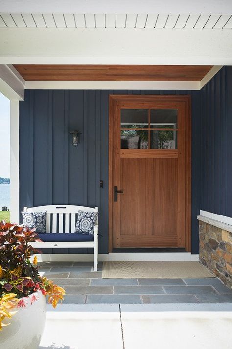 Midnight Blue Board And Batten Siding, Dark Blue Houses Exterior, Cedar Front Porch, Blue Siding House, Blue Exterior House Colors, Craftsman Lake House, Dark Blue House Exterior, Navy Blue Houses, Dark Blue Houses