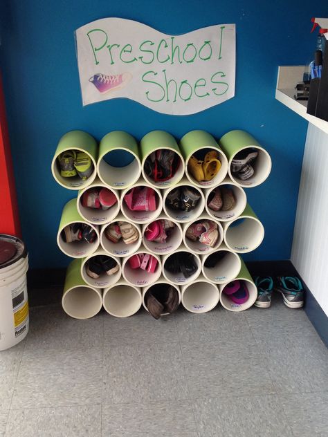 Teachers' Harvest has wide PVC pipes in stock.  With a little work, they'd make great classroom cubbies! Daycare Cubbies, Preschool Cubbies, Classroom Cubbies, Daycare Room Ideas, Preschool Set Up, Shoe Cubbies, Cubby Ideas, Daycare Setup, Daycare Spaces