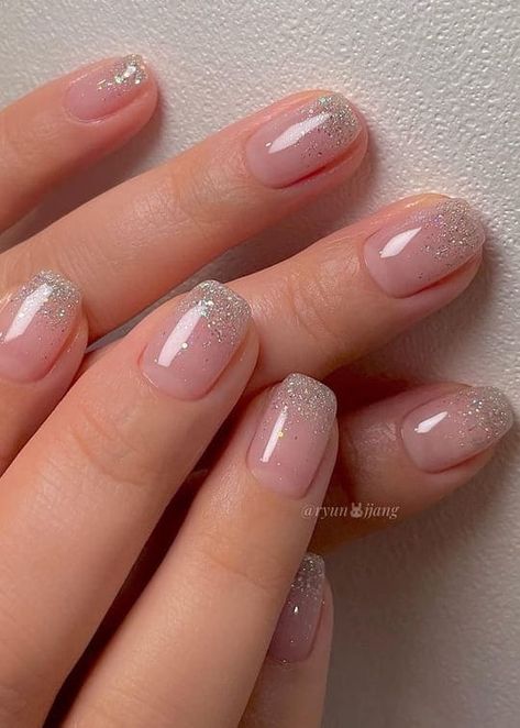 Jelly Nails With Glitter Tip, Bridesmaid Nails Sparkle, Glitter Ombre Manicure, Short Gel Nails Elegant, Natural Festive Nails, Ombre Glitter French Nails, Sparkle Ombre Nails Square, Nails Simple Ombre, Ombre Glitter Nails Short