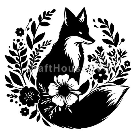 Fox Sillouhette, Bujo Drawings, Etching Inspiration, Fox And Flowers Drawing, Free Fox Svg, Fox With Flowers, Fox And Flowers, Svg Files For Scan And Cut, Fox Svg