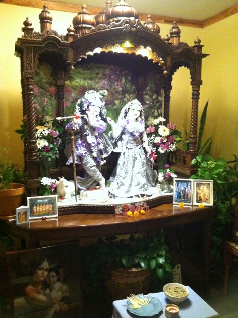 Krishna Road 's Temple Altar Radha Krishna Mandir Design, Krishna Temple At Home, Deities Altar, Krishna Altar Home, Dev Ghar, Radha Krishna Idol Decoration At Home, Radha Krishna Temple, Hare Krishna Home Altar, Krishna Bhakti