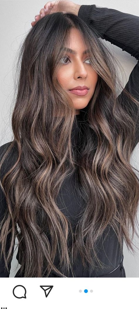 Virgin Dark Brown Hair With Highlights, Long Brown Summer Hair, Brown Cool Balayage, Natural Roots Balayage, Dark Dimensional Hair Brunettes Ashy, Skeleton Brown Balayage, Mouse Brown Balayage, Mushroom Babylights, Dark Brown Hair With Babylights Balayage