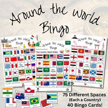 Around The World Bingo Game!  Countries, Flags, Geography, Social Studies & Fun! International Club Activities, Multicultural Fair At School, Geography Party, Multicultural Night, Dragon Festival, Around The World Games, Custom Bingo Cards, Summer Bingo, Bingo Card Template