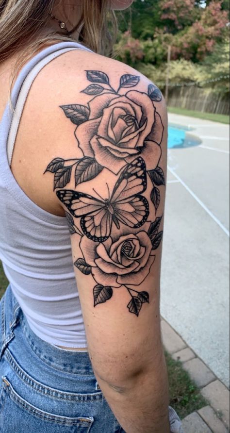 Roses and butterfly Women Butterfly Tattoos, Tattoos On Arm, Rose And Butterfly Tattoo, Butterfly Tattoos On Arm, Rose Tattoos For Women, Hand Tattoos For Girls, Butterfly Tattoos For Women, Tattoos For Women Flowers, Hip Tattoos Women