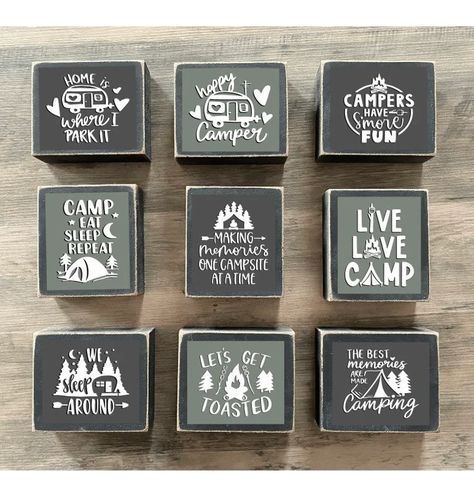 Camping Sayings Signs, Modern Camper Decor, Camping Tiered Tray Decor, Outdoor Camping Decor Ideas, Camping Signs Wooden, Camper Signs Diy Ideas, Camping Decor Outdoor, Camping Signs Diy, Smores Campfire