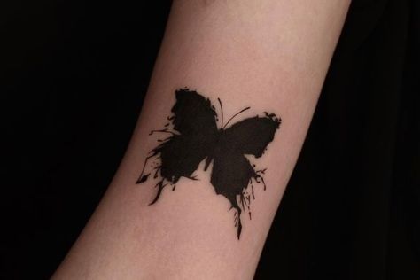 Black Butterfly Cover Up Tattoo, Blacked Out Butterfly Tattoo, All Black Butterfly Tattoo, Cover Tattoos Women, Tattoo Ideas To Cover Up Another Tattoo, Star Tattoo Cover Up Ideas, Coverup Butterfly Tattoo, Good Tattoos For Cover Ups, Little Cover Up Tattoos