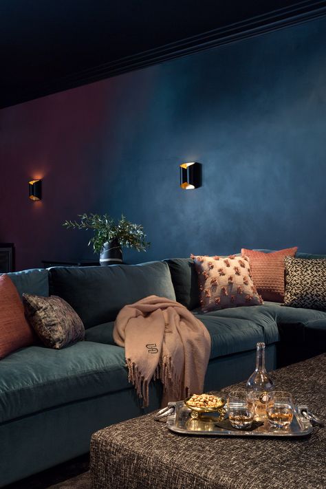 These Basement Paint Colors Will Make Your Walls Feel Both Timeless and Fresh | Hunker Media Room Paint Colors, Sala Cinema, Basement Movie Room, Basement Colors, Basement Paint Colors, Contemporary Basement, Basement Painting, Blue Sectional, Media Room Design